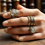 **

A close-up shot of a woman's hands displaying a collection of vintage rings stacked on her fingers. The rings vary in style and material: gold, silver, and one with a prominent gemstone. Focus on the textures and details of the jewelry and the woman's hands. Soft, diffused lighting to highlight the vintage aesthetic. Background is blurred, suggesting an antique shop or personal collection.

**