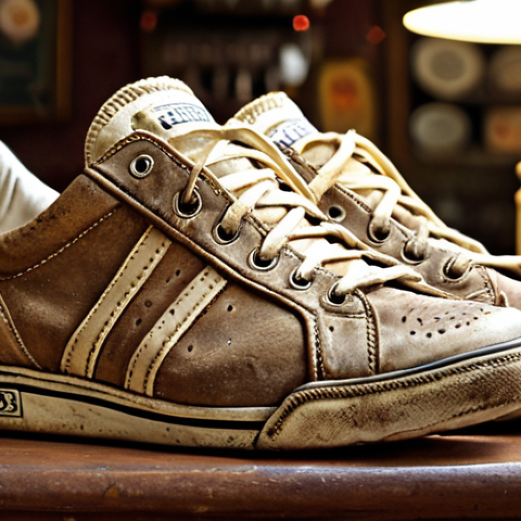 **
"A captivating close-up shot of a pair of vintage sneakers, emphasizing their unique aged texture, natural creases, and faded colors. The image should convey the deep history and one-of-a-kind character of the shoes, like 'wearable art'. Soft, nostalgic lighting illuminates the intricate details, possibly set against a subtly blurred background suggesting a cozy cafe or a collector's display, highlighting their unique aura."
2. **Prompt for