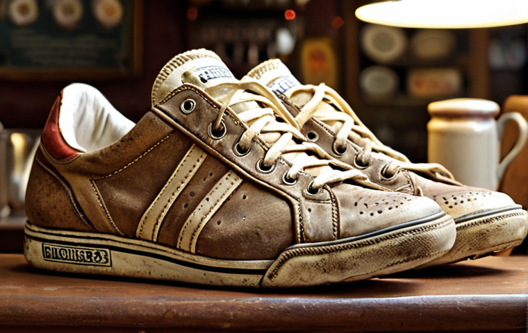 **
    "A captivating close-up shot of a pair of vintage sneakers, emphasizing their unique aged texture, natural creases, and faded colors. The image should convey the deep history and one-of-a-kind character of the shoes, like 'wearable art'. Soft, nostalgic lighting illuminates the intricate details, possibly set against a subtly blurred background suggesting a cozy cafe or a collector's display, highlighting their unique aura."

2.  **Prompt for