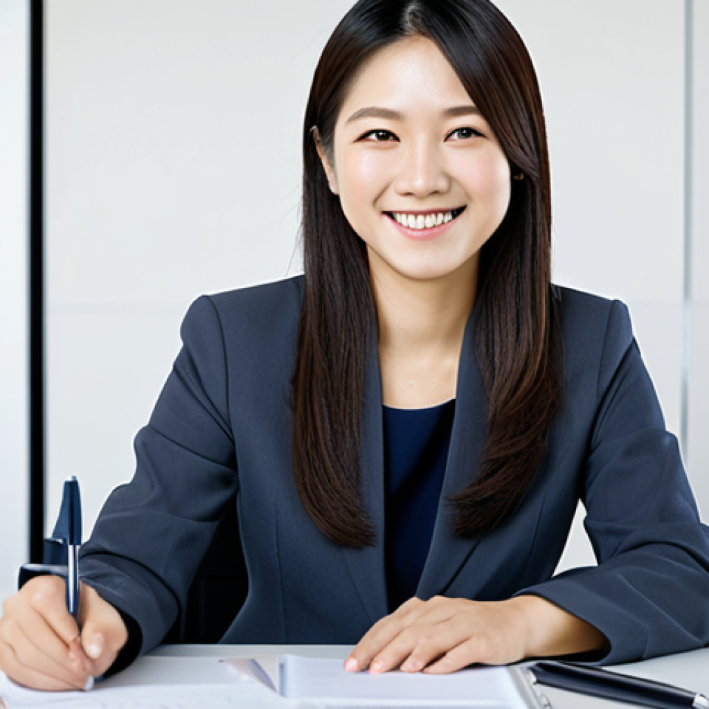 Businesswoman in a Modern Office**

"A professional Japanese businesswoman in her late 20s, wearing a modest, tailored pantsuit (dark navy or charcoal grey), sitting at a clean, minimalist desk in a bright, modern office. Her hair is neatly styled. She is smiling slightly, holding a pen, and looking directly at the viewer. Background includes blurred office environment with colleagues working. safe for work, appropriate content, fully clothed, professional, perfect anatomy, correct proportions, well-formed hands, proper finger count, natural pose, high quality, 室内のビジネスシーン."

**