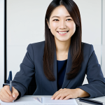 Businesswoman in a Modern Office**
"A professional Japanese businesswoman in her late 20s, wearing a modest, tailored pantsuit (dark navy or charcoal grey), sitting at a clean, minimalist desk in a bright, modern office. Her hair is neatly styled. She is smiling slightly, holding a pen, and looking directly at the viewer. Background includes blurred office environment with colleagues working. safe for work, appropriate content, fully clothed, professional, perfect anatomy, correct proportions, well-formed hands, proper finger count, natural pose, high quality, 室内のビジネスシーン."
**