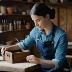 빈티지 아이템 복원 방법 - **Prompt:** A young woman (mid-20s to early 30s) with a warm, focused expression, carefully sanding ...