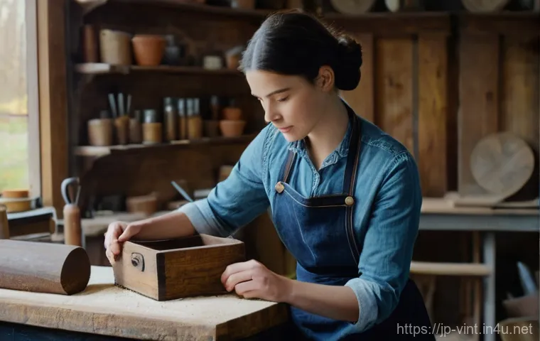 빈티지 아이템 복원 방법 - **Prompt:** A young woman (mid-20s to early 30s) with a warm, focused expression, carefully sanding ...