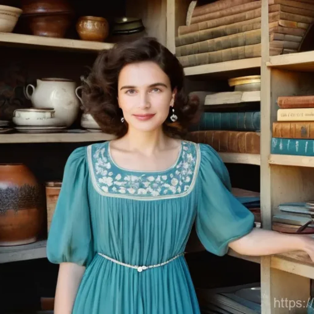 해외 직구로 빈티지 제품 구매하기 - **Overseas Vintage Treasure Hunt:**
"A young woman, stylishly dressed in a modest, knee-length v...