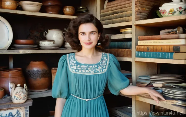 해외 직구로 빈티지 제품 구매하기 - **Overseas Vintage Treasure Hunt:**
    "A young woman, stylishly dressed in a modest, knee-length v...